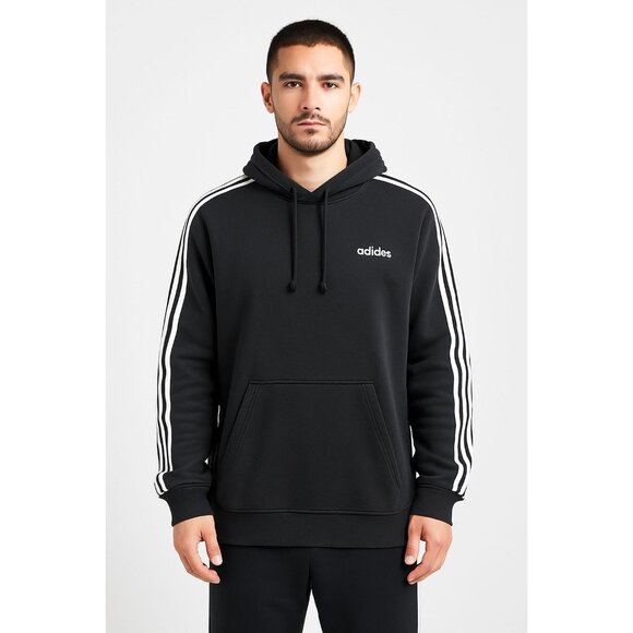 Adidas Black Hoodie White Stripes Kangaroo Pocket Drawstring Size Large Unisex - Picture 2 of 14